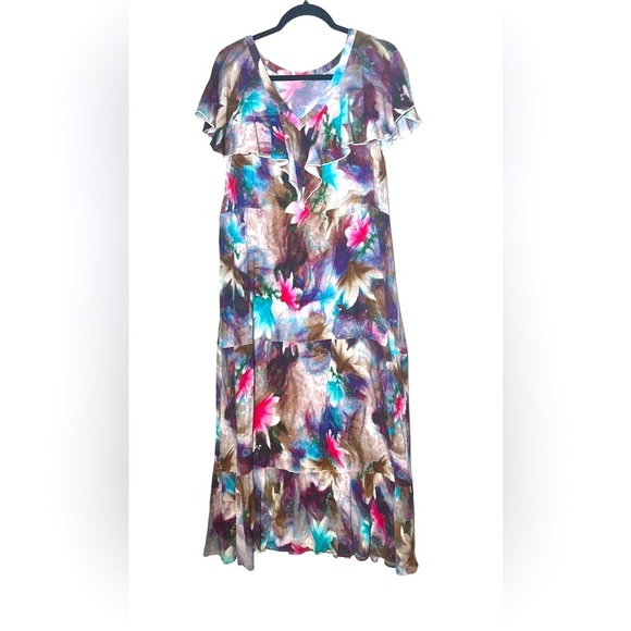 Soft Surroundings Italian Dreams Floral Tiered Maxi Dress w/ Flutter Sleeves, L - Picture 2 of 11